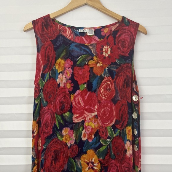 La Cera Womens Dress Size XL Sleeveless Buttons Slit Sides Crinkle Midi Floral - Picture 3 of 7